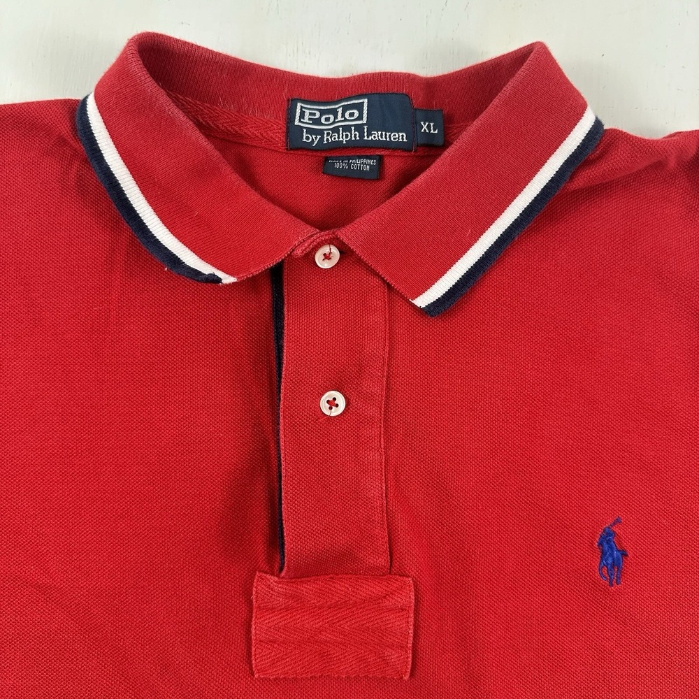 Vtg Ralph Lauren Mens XL Polo Shirt Red Navy Blue Pony Rugby Golf Short Sleeve - Picture 7 of 13